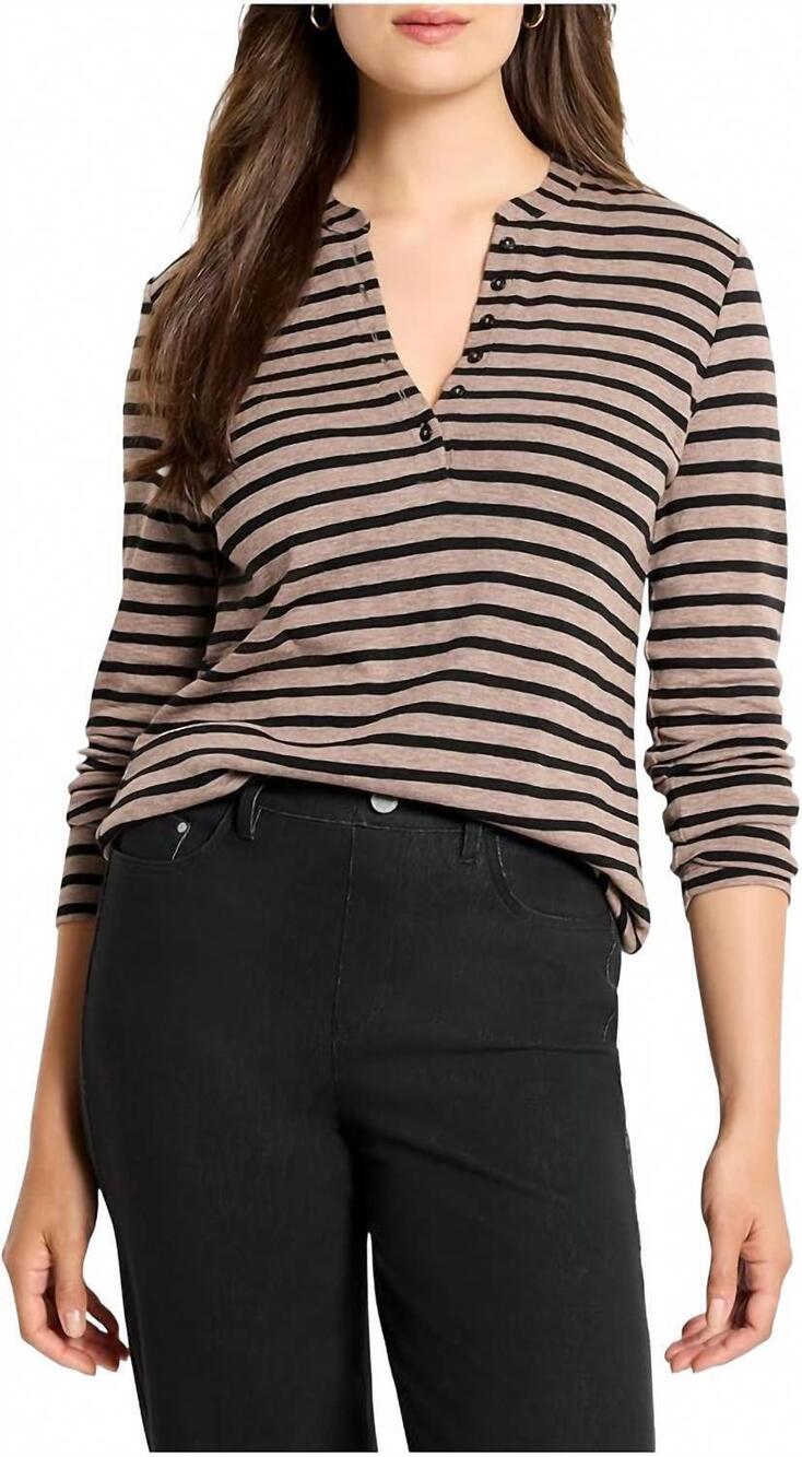 NEW NIC + ZOE women's striped long sleeve henley tee in brown mutli